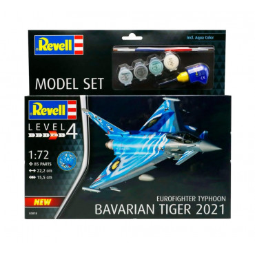 KIT PARA MONTAR REVELL MODEL SET AVIÃO EUROFIGHTER TYPHOON BAVARIAN TIGER 2021 1/72 85 PEÇAS COMPLETO COM TINTAS COLA E PINCEL REV 63818